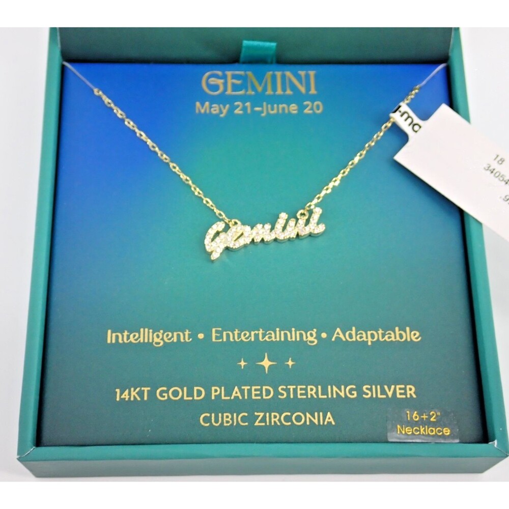 Olivia and Jackson GEMINI Zodiac 14K Gold Plated 925 Sterling & CZ Necklace NIB